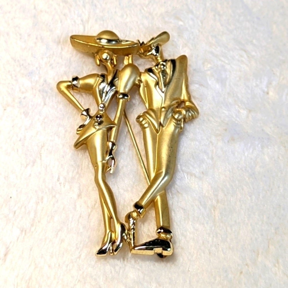 Vintage 80"s Goldtone Man and Woman Fashionista Couple Brooche